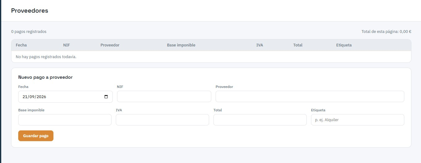 Registro de facturas de proveedores con su base e IVA