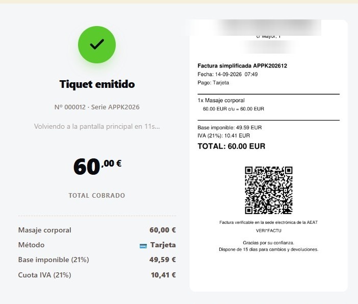 Tiquet emitido con factura simplificada verificable VeriFactu