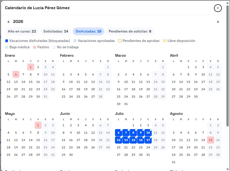 Calendario anual de vacaciones de una trabajadora en Tic Tic, con los días disfrutados, aprobados y festivos